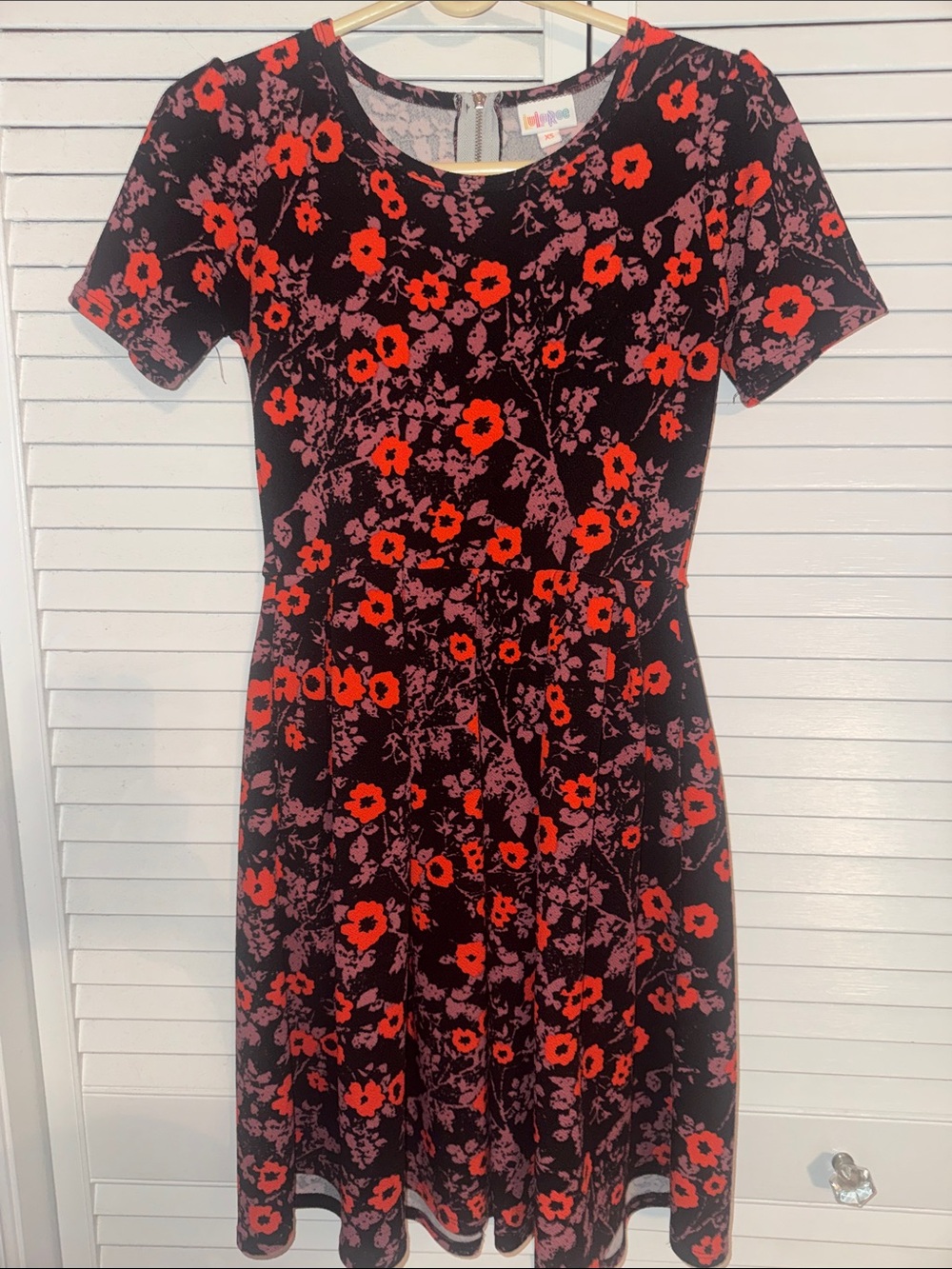 LuLaRoe xs Women's Black Floral Fit-and-Flare Dress with Red Flowers